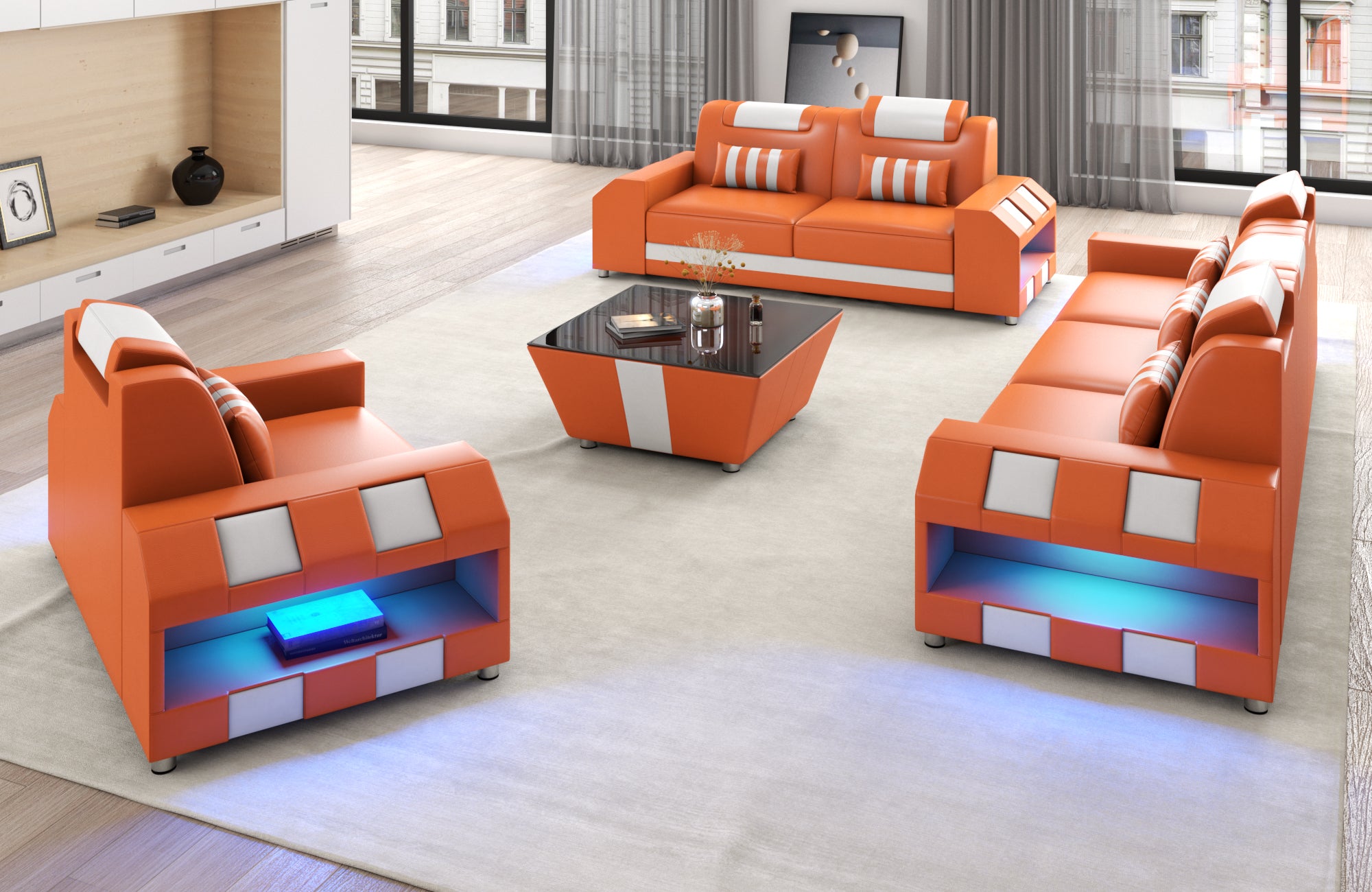 Cosmo LED Leather Sofa Set - Modern 3-Piece Living Room Set with Mood Lighting