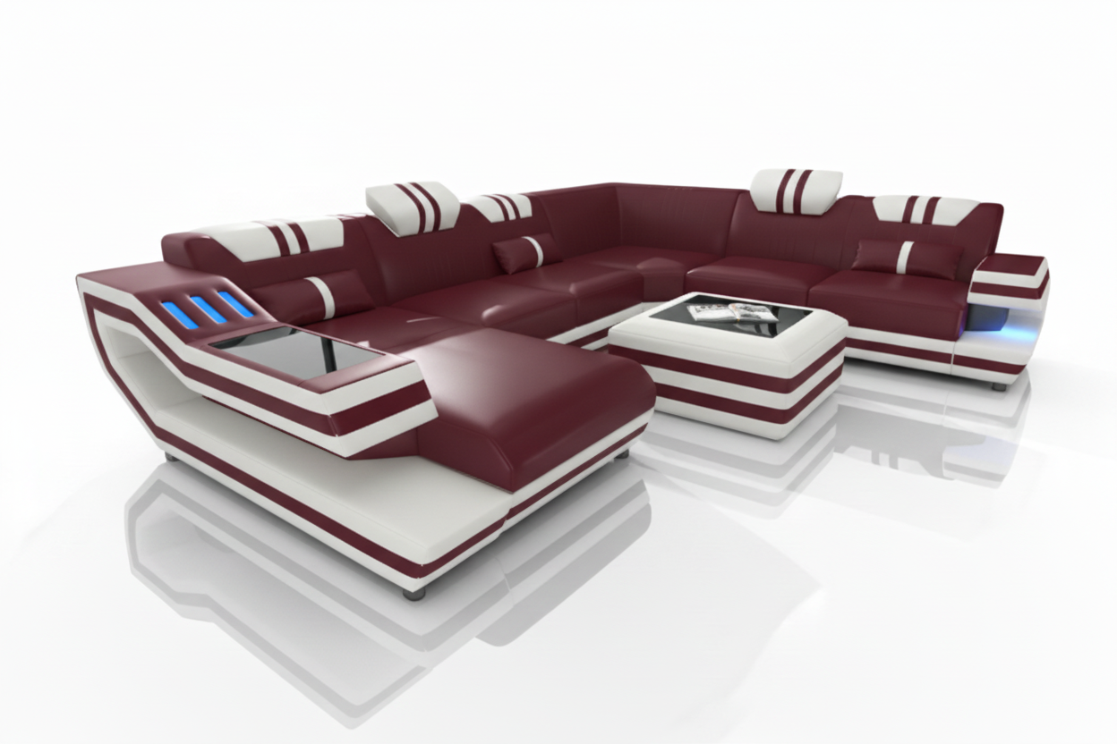 Aura U-Shape Leather Sectional Sofa with LED Light | Modern Designer Couch