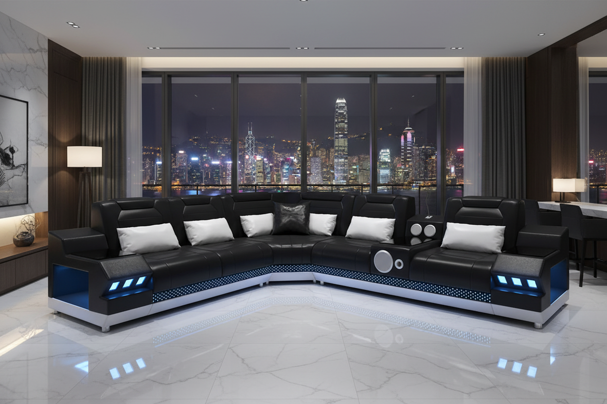 Celsius Small Modern Leather Sectional with Console - Hong Kong