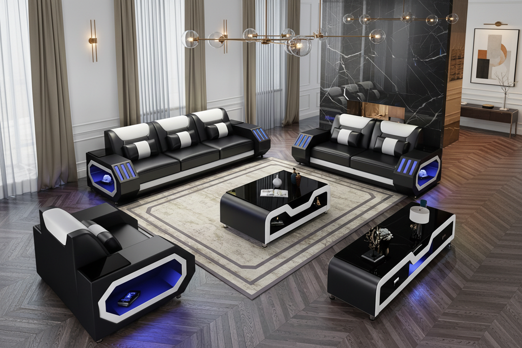 Omont Leather Sofa Set with LED Light - Luxury Living Room