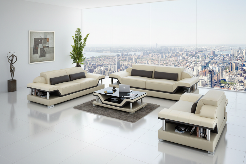 Taliya Leather Sofa Set with Adjustable Headrest - Luxury Penthouse